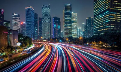 Obraz premium City highway light trails at night with modern skyscrapers