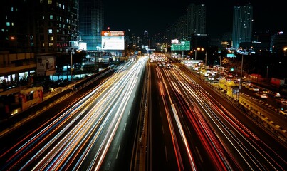 Obraz premium City highway night long exposure car light trails urban traffic cityscape