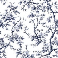 Fototapeta premium Navy Blue and White Floral Pattern with Roses and Branches