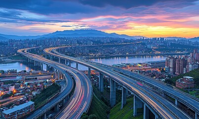 Fototapeta premium City highway traffic at sunset with mountain view