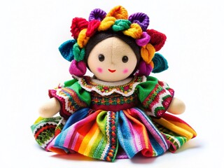 Silhouette of Colorful Handmade Mexican Rag Doll on White