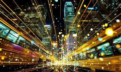 Fototapeta premium City night traffic light trails with trams, skyscrapers, and bokeh effect