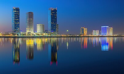 Obraz premium City skyline at dusk reflecting in calm water