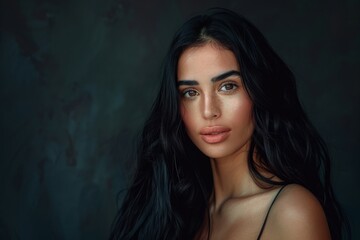 Fototapeta premium Young woman with black hair, intense gaze. Neural network AI generated