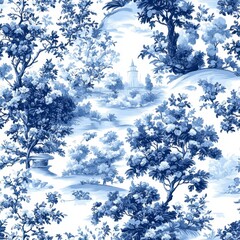 Serene Blue and White Landscape Illustration with Rolling Hills and Trees