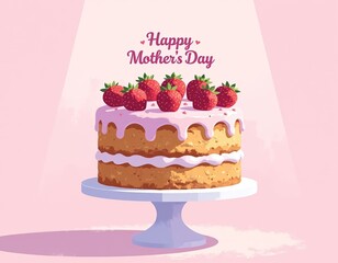 Mother's Day Cake with Pink Frosting and Strawberries, 3D Illustration for Greeting Cards and Social Media Posts