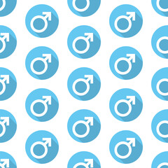 Blue male long shadow round gender icons on white background. Vector seamless pattern.