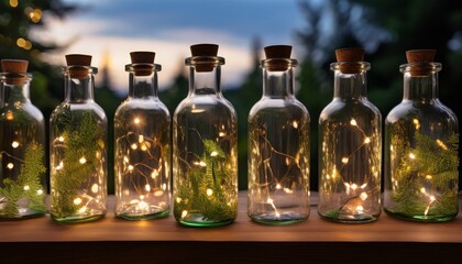 Fairy lights and glass bottles: Clear glass bottles adorned with fairy lights, creating a peaceful and whimsical display.