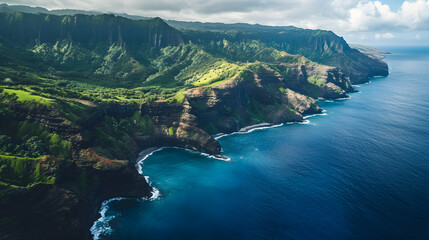 Helicopter shot of rugged coastal cliffs in Hawaii, lush greenery contrasting against deep blue waters