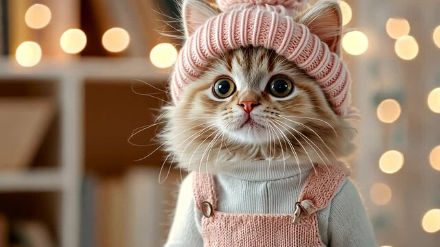 Cute beige cat in cozy library wearing pink outfit and sneakers