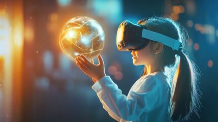 A boy wearing virtual reality glasses reaches out to touch a glowing data ball, a futuristic element of the immersive experience, symbolizing innovation, imagination and educational technology