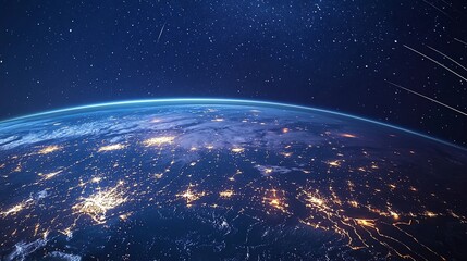Obraz premium Night Earth with shooting stars and city lights.