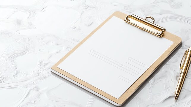 Blank clipboard with paper and pen on marble desk, ready for notes or lists. Ideal for corporate settings and offices.