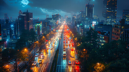 A bustling cityscape at night with vibrant traffic lights and skyscrapers under a dramatic sky