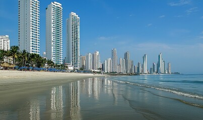 Coastal city skyline reflected in wet beach sand, beach umbrellas, clear sky