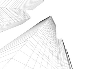 Fototapeta premium Abstract Architectural Wireframe of Modern Skyscrapers - 3D Perspective View