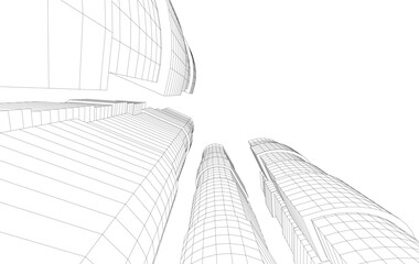 Abstract Architectural Wireframe of Modern Skyscrapers - 3D Perspective View © Yurii Andreichyn