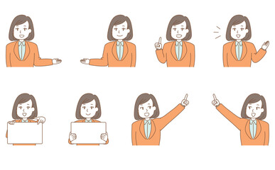 案内をする若いスーツの女性のイラストセット