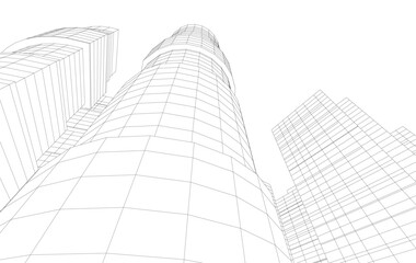 Fototapeta premium Abstract Architectural Wireframe of Modern Skyscrapers - 3D Perspective View