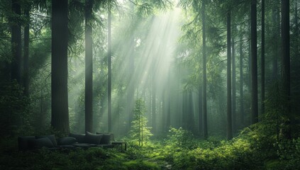 Naklejka premium Sunbeams pierce misty forest, illuminating path & seating area.
