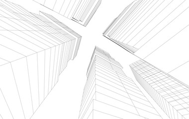 Fototapeta premium Abstract Architectural Wireframe of Modern Skyscrapers - 3D Perspective View