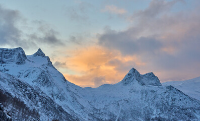 moody winter landscape of the Bergsbotn Bay,  part of the Northfjord on Senja Island, in Northern Norway