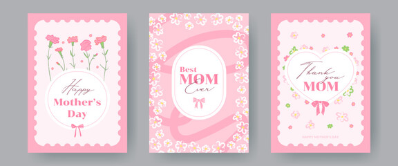 Set of Mother's day greeting cards in soft pink tones with hand drawn flowers, carnations, hearts, and bows. Floral posters, backgrounds, invitation templates with elegant typography and lettering.