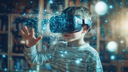 A boy wearing virtual reality glasses reaches out to touch a glowing data ball, a futuristic element of the immersive experience, symbolizing innovation, imagination and educational technology