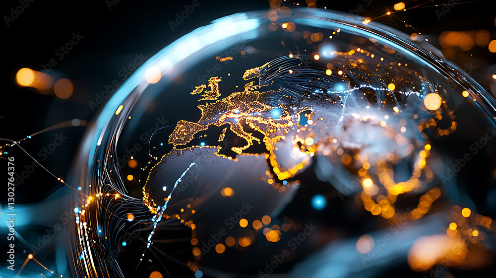 Poster global connectivity and data flow digital world infographic high-tech environment close-up visualiza