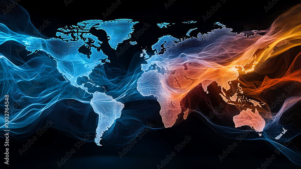 Poster dynamic global connectivity visualizing data flow across continents in a digital world