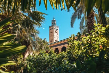Mosque minaret viewed through lush tropical foliage under a vibrant blue sky.
