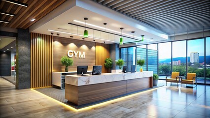 Sleek Modern Gym Reception Desk, Long Exposure, 3D Render
