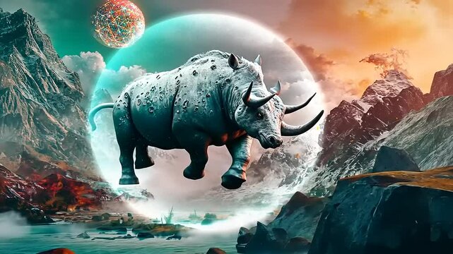 A surreal landscape featuring a floating rhinoceros amidst vibrant planets and mountains
