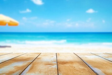 Fototapeta premium Wood table top on blurred blue sea and white sand beach background can be used for display or montage your products