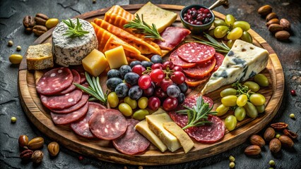 Dark stone charcuterie board: a feast for the eyes and palate, featuring gourmet food styling, artisan cheeses & meats.