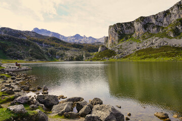 Covadonga lakes. Picos de Europa National Park. Asturias, Spain. Two lakes of glacial origin, Enol...