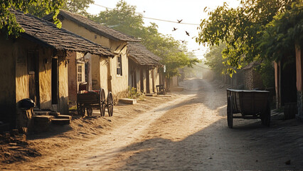 A peaceful, empty street in a rural Indian village, narrow dirt road lined with small mud houses, wooden carts parked on the side, and a few distant birds flying in the soft morning light