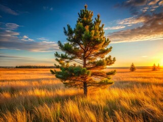 Fototapeta premium Solitary Jack Pine Tree in Open Field, Majestic Conifer in Rural Landscape, Nature Photography