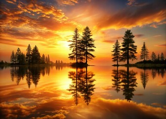 Fototapeta premium Serene Sunset Lake with Ancient Pine Trees - Tranquil Nature Landscape Stock Photo