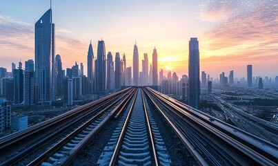Fototapeta premium Dubai city skyline at sunrise with train tracks, urban transport concept