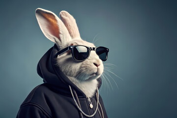 Cool rabbit wearing hoodie and sunglasses with silver chain