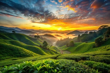 Fototapeta premium Dramatic sunrise paints the Cameron Highlands tea plantations in silhouette, showcasing lush greenery and hillside.