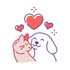 Fototapeta premium Vector illustration of a cat and dog sharing a moment of affection surrounded by hearts