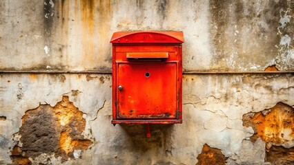 Sunlit Rusty Red Mailbox on Grunge Urban Alley Wall - Stock Photo