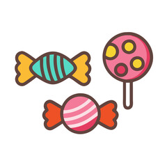 Sweet treats featuring colorful candies and lollipops designed as vector icons for digital illustrations and graphic designs