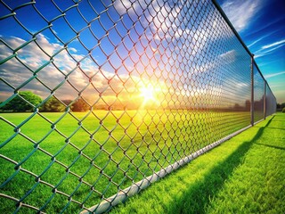 Sunny Tennis Court Scene: Chain Link Fence, Grassy Field, White Net, Walkway