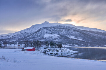 moody coastal winter landscape  near Gibostad  on Senja Island in northern Norway
