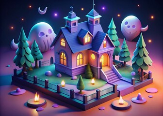 Obraz premium Spooky Isometric Haunted House Night Halloween Cartoon Pastel Flat Design