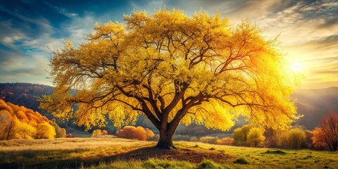 Fototapeta premium Spring Boho Wallpaper: Yellow Leaves on Trees, Nature Background
