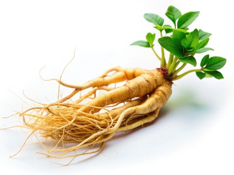 Exquisite tilt-shift macro photography reveals the delicate beauty of a ginseng root against a pristine white background.